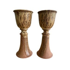 Handcrafted Signed Ceramic Goblets Set of 2 Unique Textured Pottery Chalices‎
